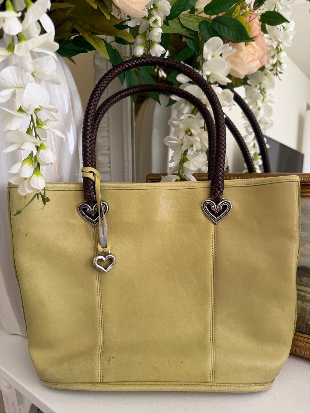 Brighton Light Green Leather Tote with Brown Braided Handles and Heart Hardware